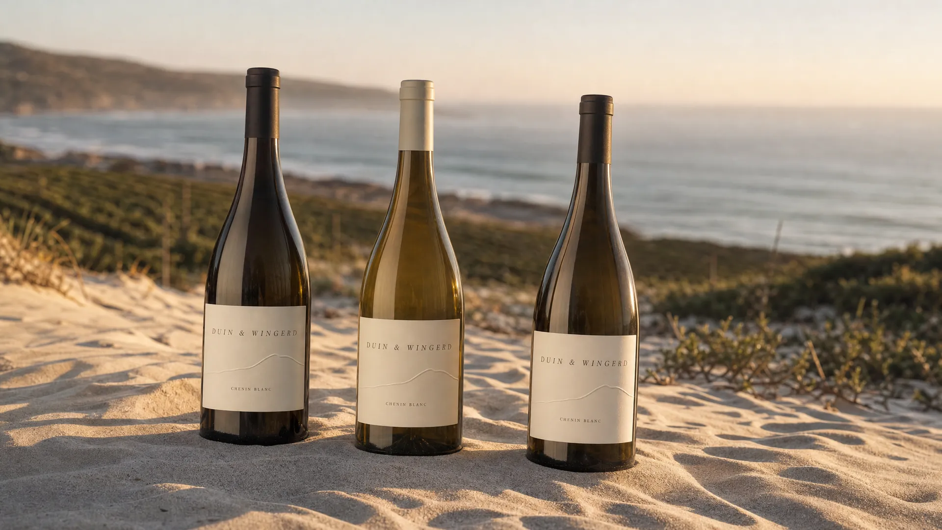 Three Duin and Wingerd Chenin Blanc bottles with cream labels and an embossed dune line, on wind-rippled sand above the Atlantic at golden hour