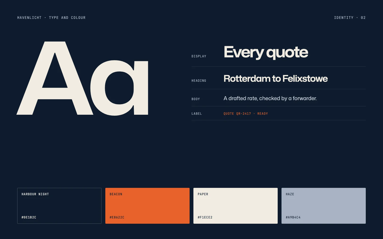 The Havenlicht type and colour sheet: the wide sans at display, heading, body and label sizes, and the harbour night, beacon orange, paper and haze colours