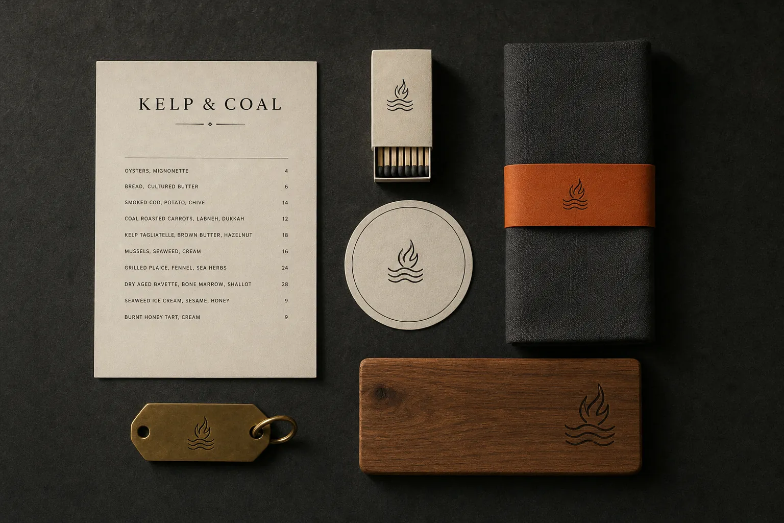 The Kelp and Coal identity on charcoal stone: menu, matchbox, coaster, ember napkin band, brass key tag and a branded board