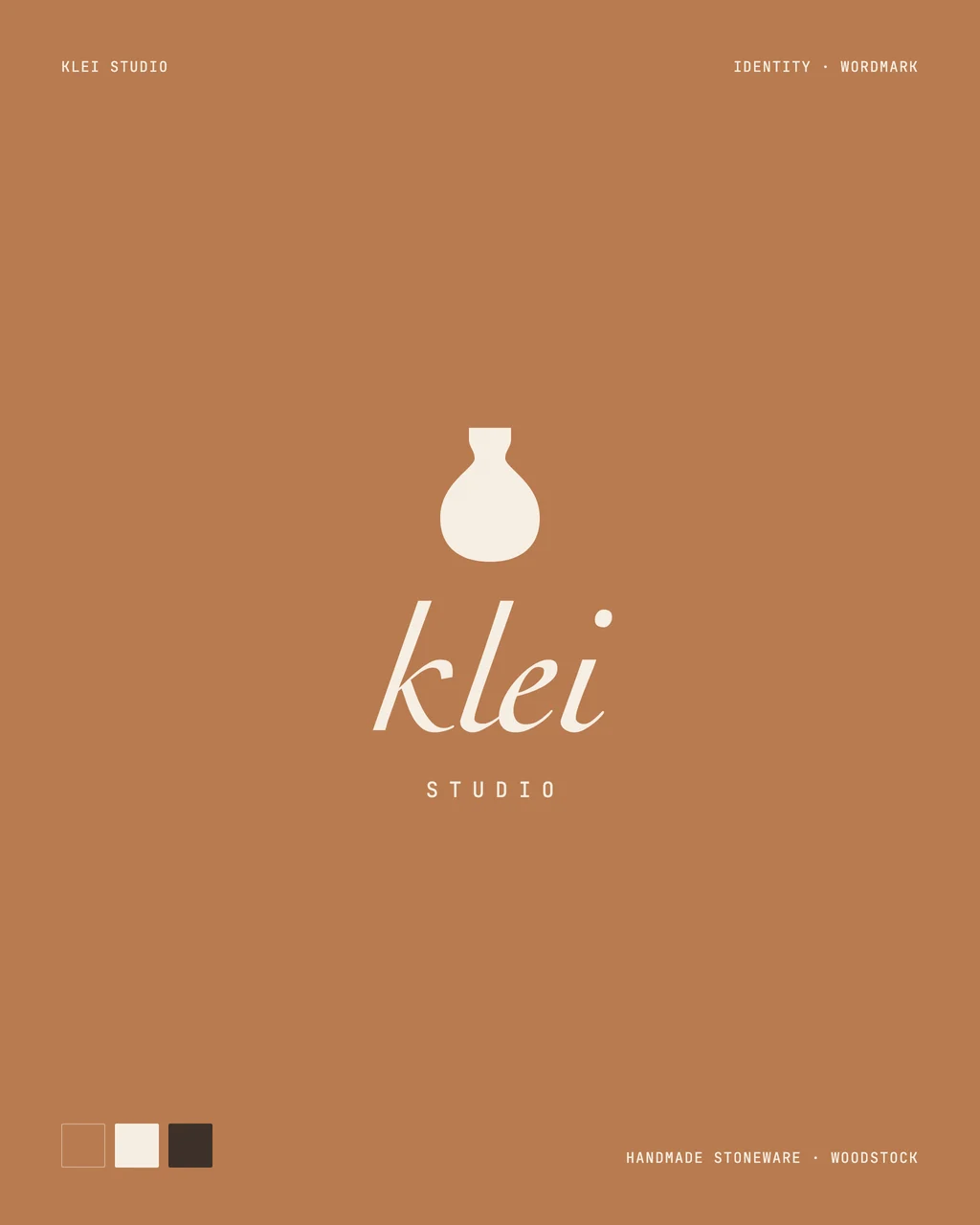 The Klei Studio identity on clay: a cream vessel mark above the italic wordmark klei and the word Studio
