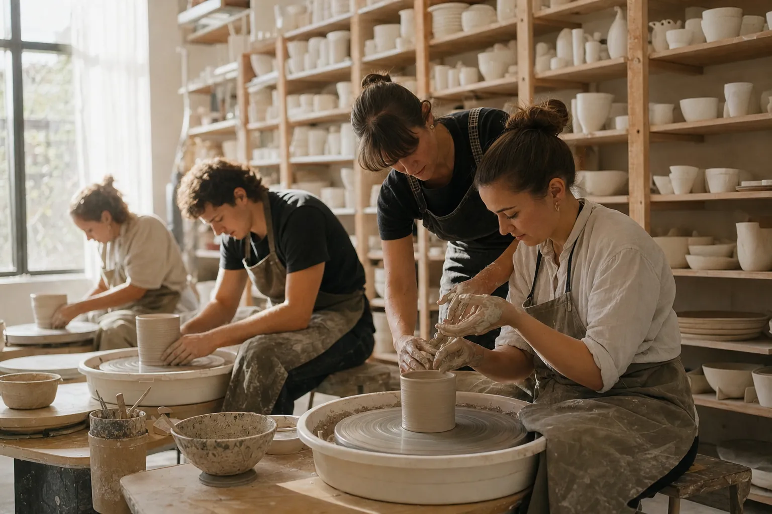 A Saturday wheel class at Klei Studio, the teacher guiding a student’s clay-covered hands