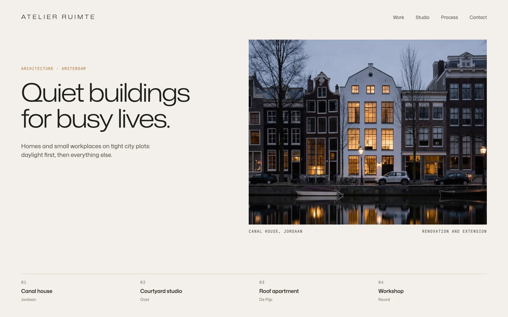 The Atelier Ruimte homepage concept: the headline Quiet buildings for busy lives beside canal houses at dusk, above an index of four projects