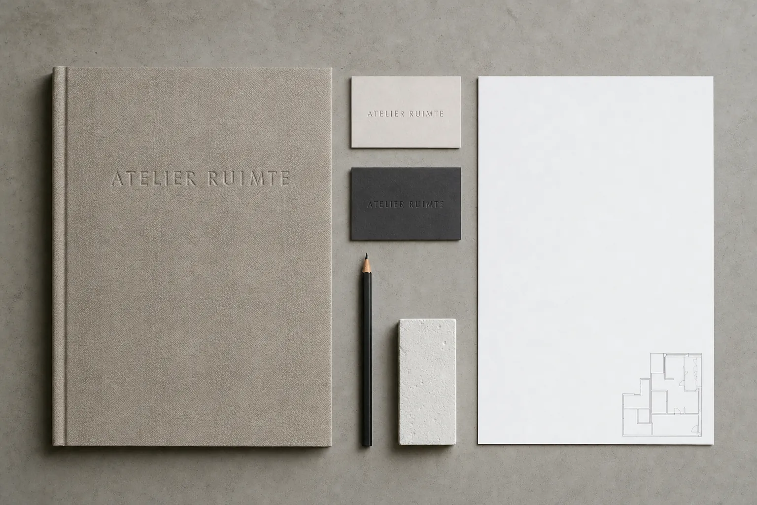 The Atelier Ruimte identity on concrete grey: a blind-embossed monograph, business cards, letterhead, a pencil and a plaster block